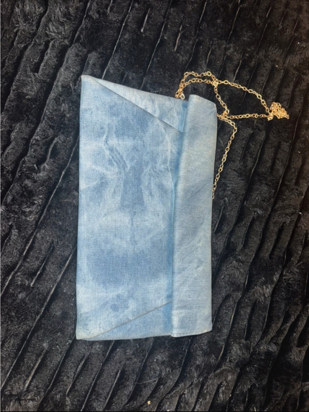 Light Blue Denim Envelope Clutch with Gold Chain